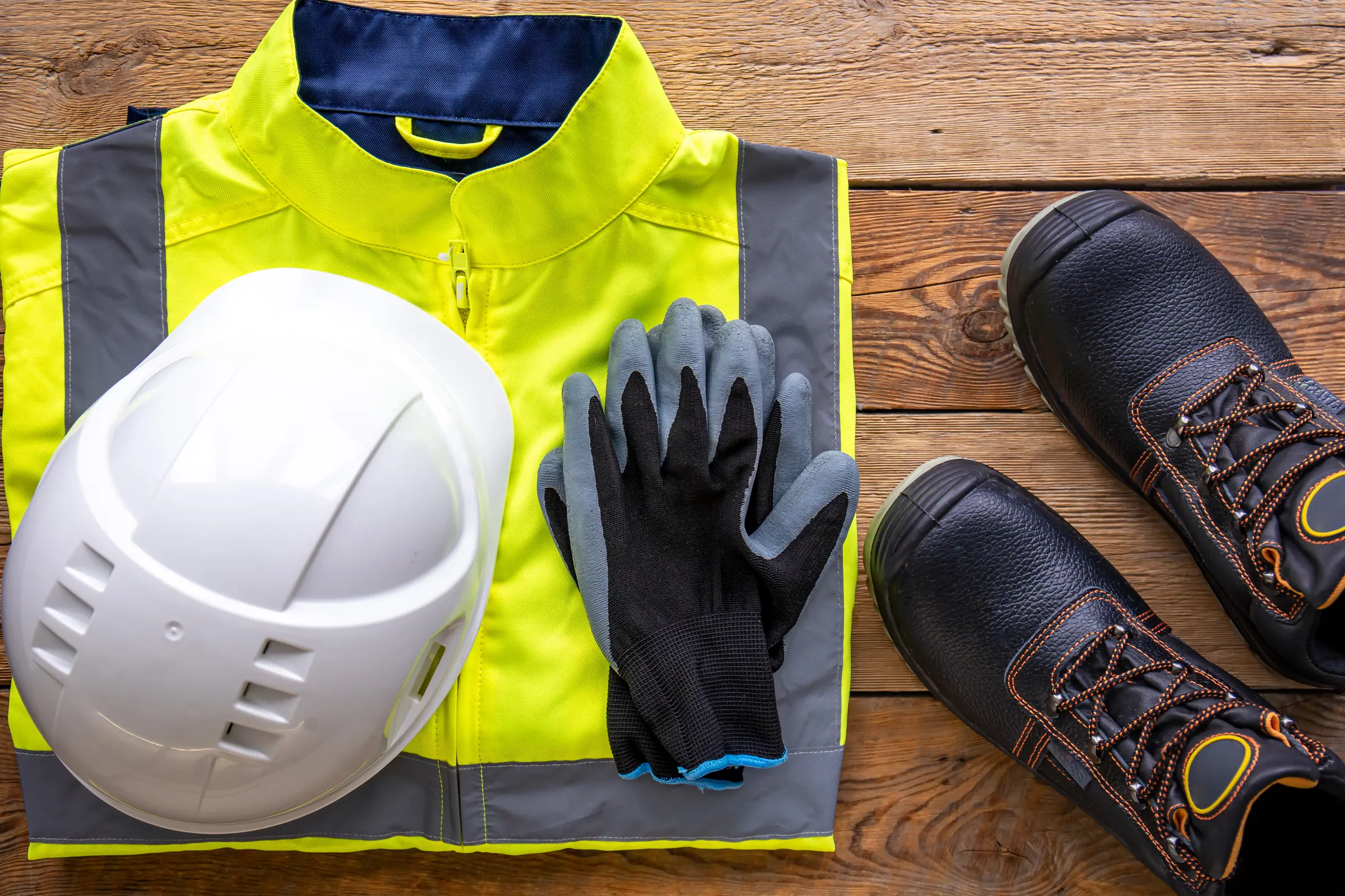 Capacete, luvas e botas de segurança organizados sobre uma bancada de madeira