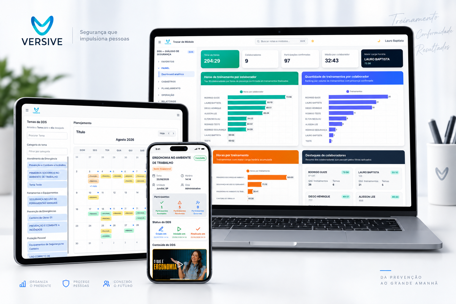 Portal e aplicativo da Versive, módulo DDS Digital, em laptop, tablet e celular